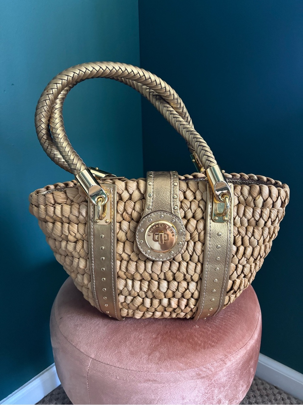 Michael Kors Gold-Tone Woven Straw Tote Bag with Braided Handles
